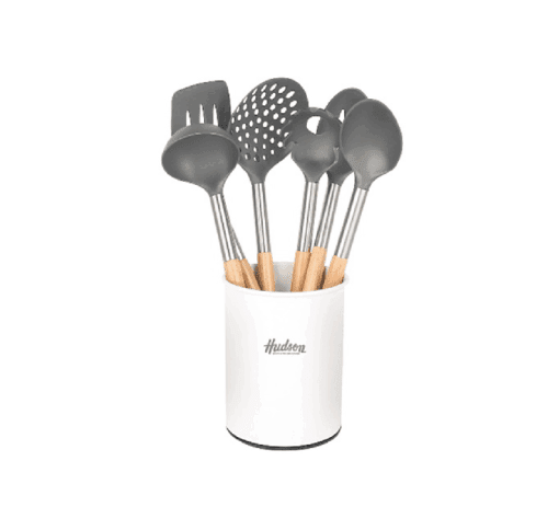 Set 6 Utensilios Nylon Gris Mango de Madera